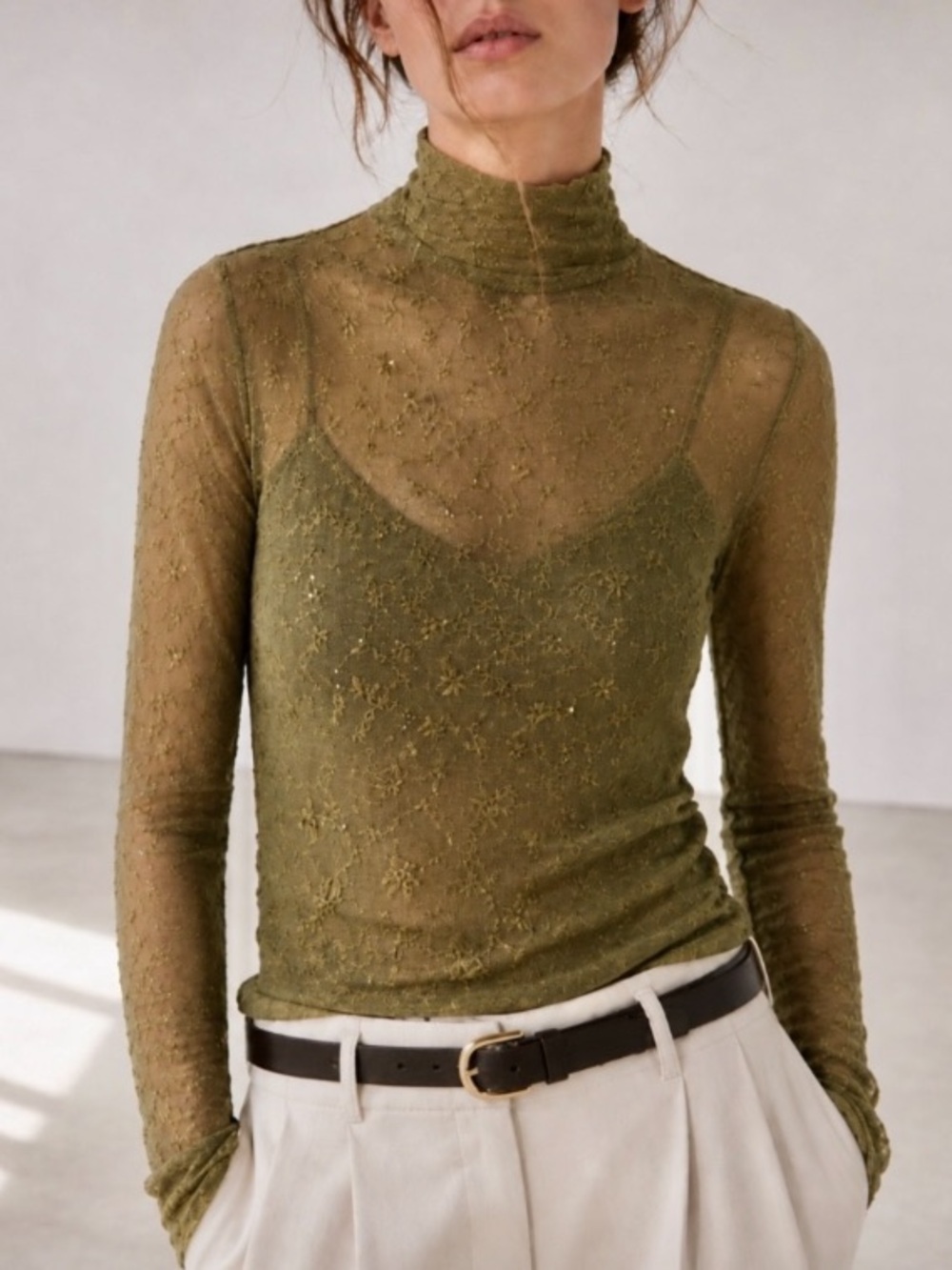 Rag & Bone Dahlia Lace Turtleneck Top Olive Small